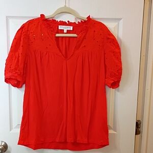 Eyelet Puff Sleeve Red Blouse